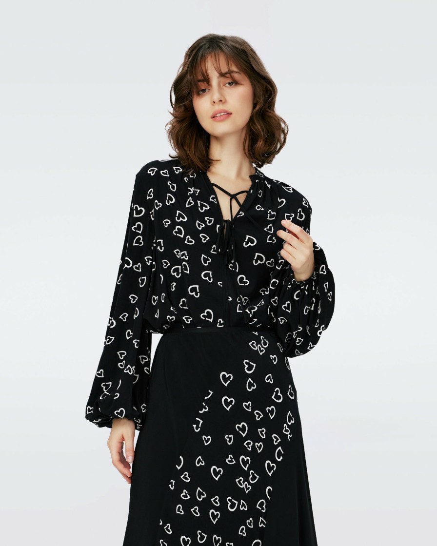 Diane von Furstenberg Black Dresses | Dvf Ginny Two Blouse In Small Hearts/Blk